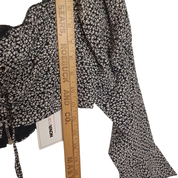 FASHION NOVA VINTAGE White Floral Print Ruffle Mini Black Lace Up 2 Pc Small NWT - Picture 11 of 15